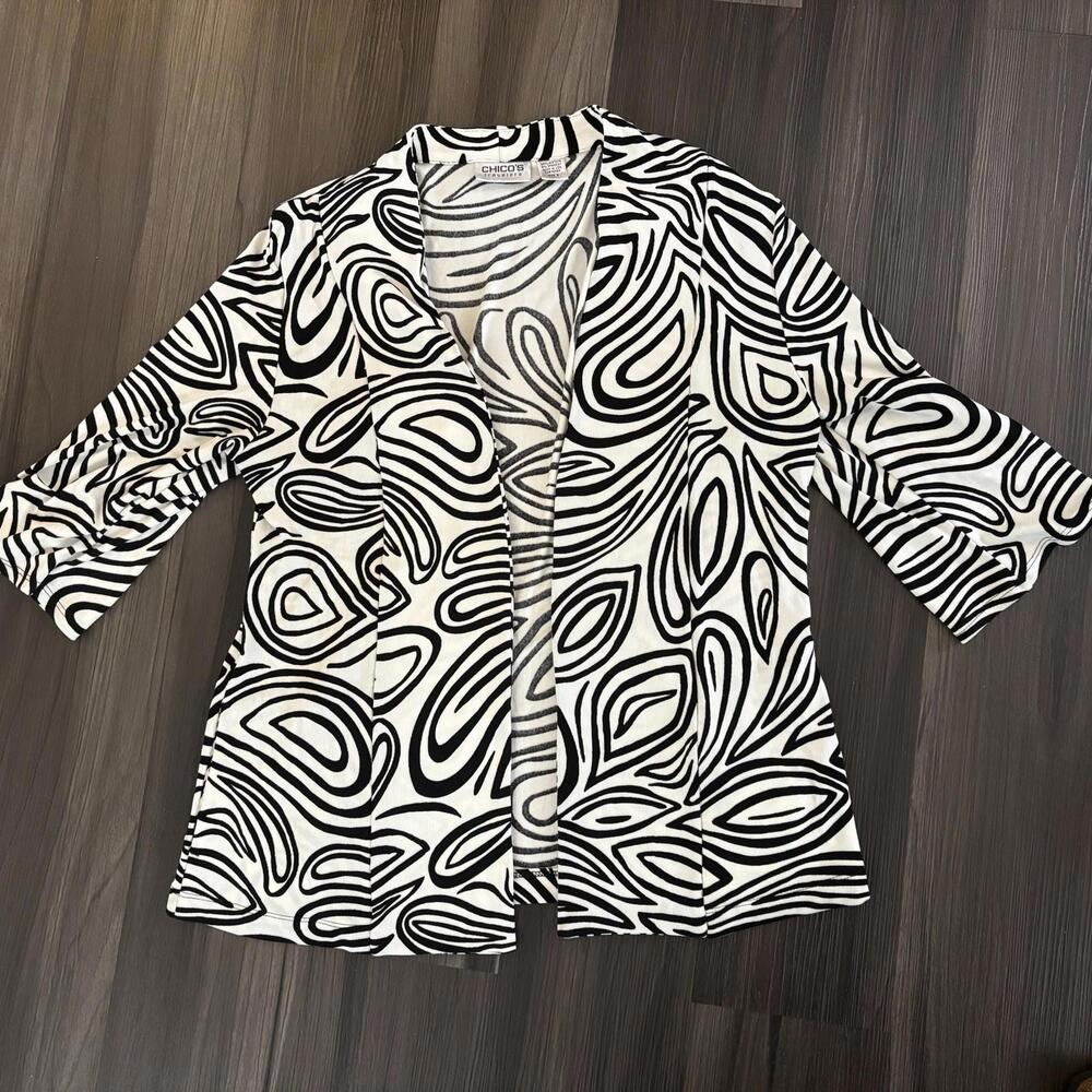 Chico's Travelers Size 2 Open Front Cardigan Black White Long Sleeve